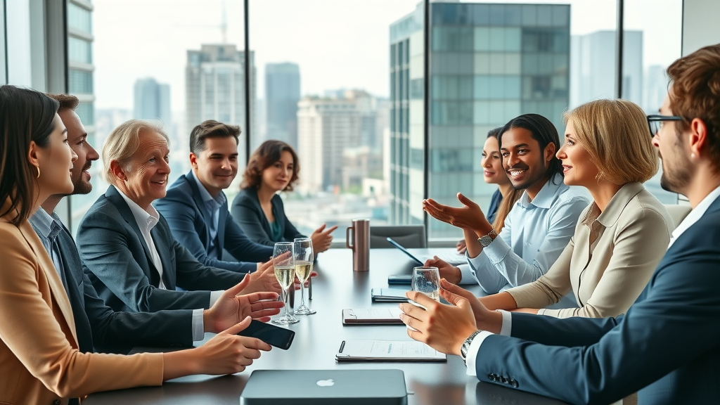 Professional boardroom discussing board governance best practices, diverse group of executives, modern office, cityscape background, natural interactions