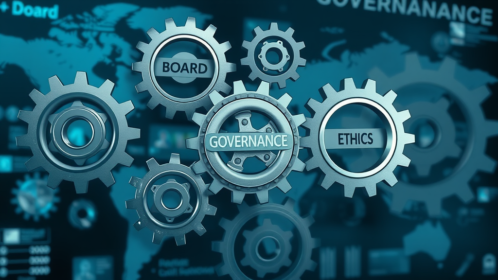 Visualization of interconnected governance concepts, gears labeled as Board, Governance, Ethics, digital infographic style