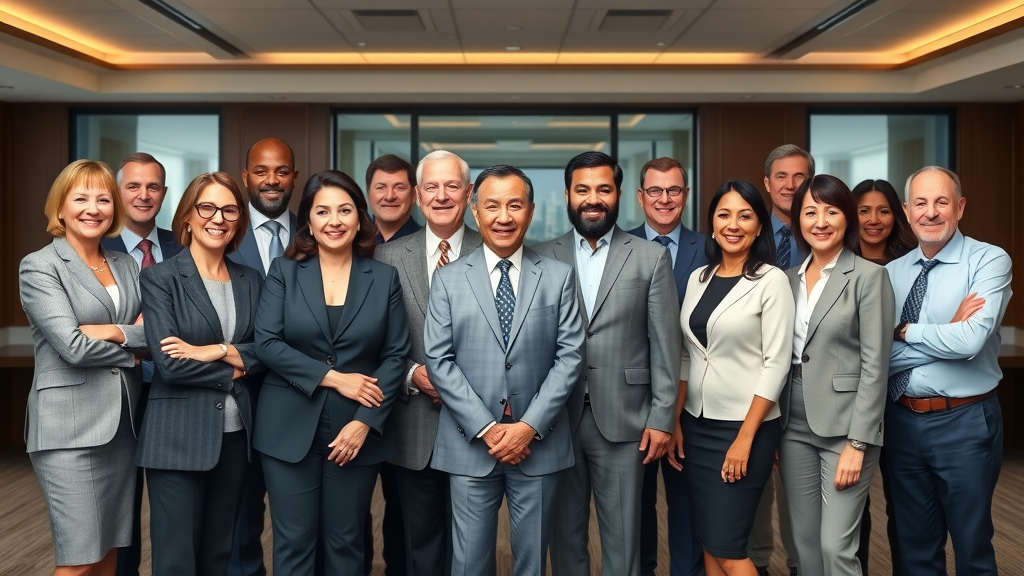 Diverse board of directors discussing effective governance, unified group, elegant boardroom, city view