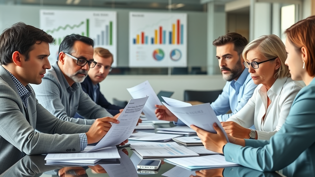 Nonprofit financial reporting: group of nonprofit leaders analyzing financial statements at a boardroom table in a modern office, detailed, natural lighting