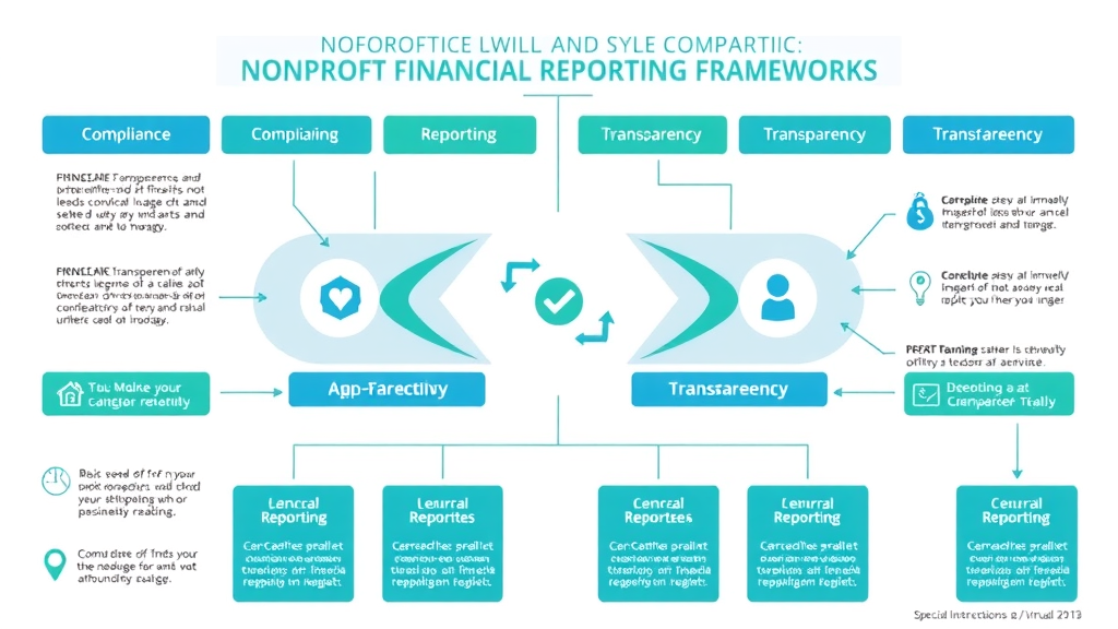 Nonprofit financial reporting frameworks: infographic of compliance, reporting, and transparency for nonprofits, vector graphic, blue and green accents