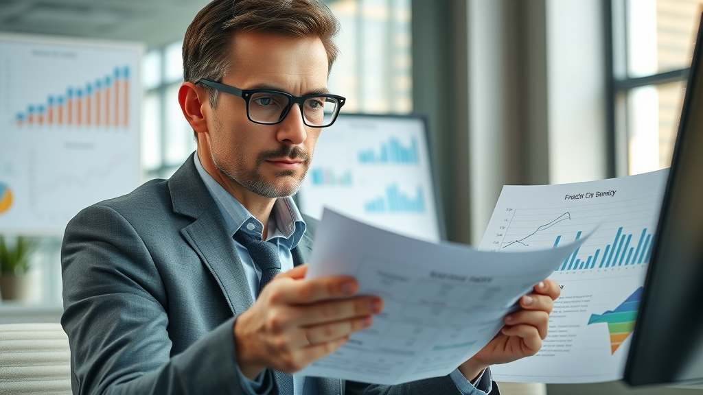 Nonprofit financial statements: attentive financial analyst examining nonprofit statements and performance ratios in a modern office