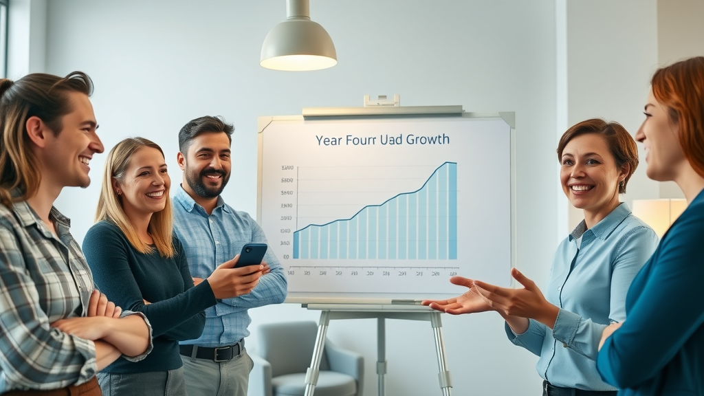 Nonprofit financial statement success: confident team discussing year-over-year growth backed by strong financial reporting in a well-lit office