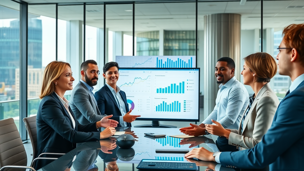 Business professionals analyzing talent management data in a modern corporate conference room