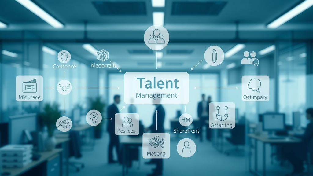 Flowchart of the talent management process showing HR functions with digital icons and animated arrows