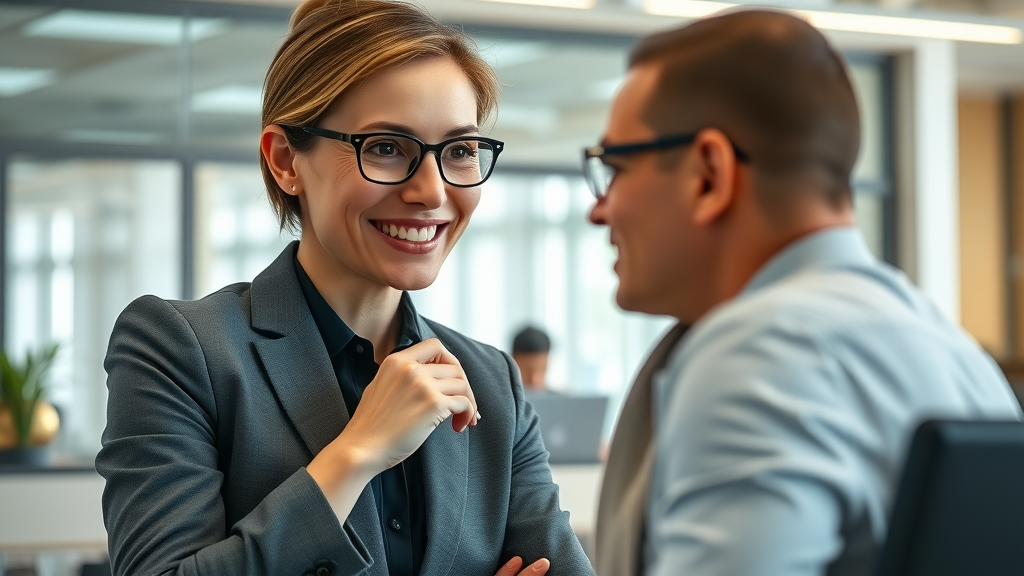 HR manager overseeing employee development and guiding team members in a modern corporate office