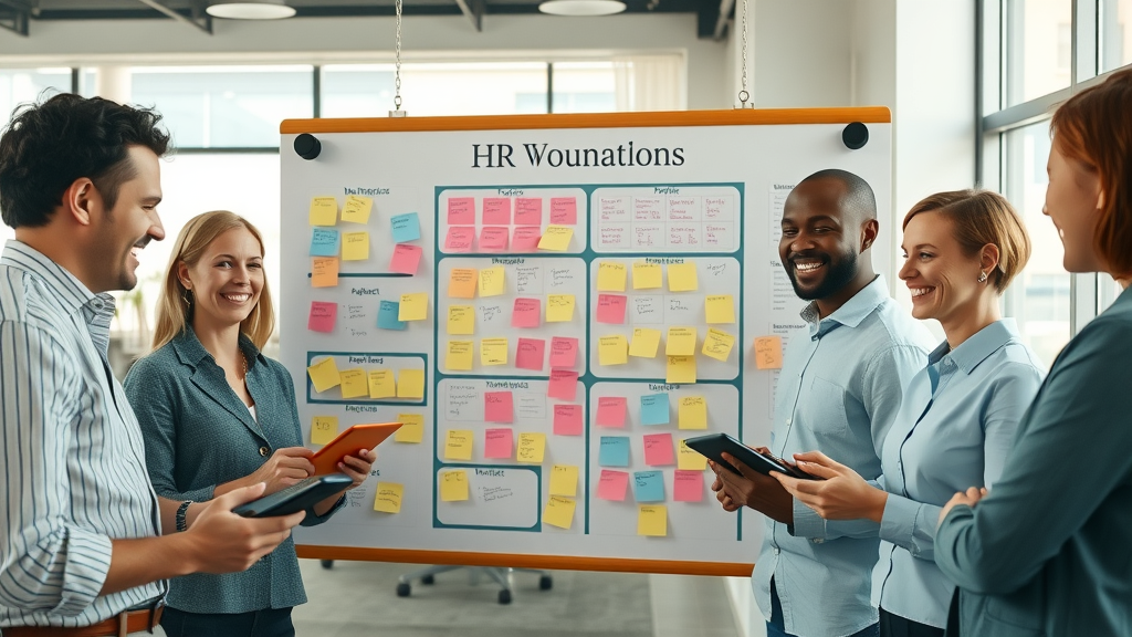 Diverse team collaborating on HR workflow board and evaluating talent management functions in an open-plan office