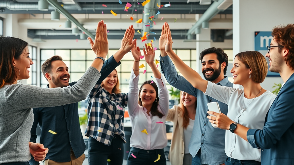 Diverse employees celebrating success and showcasing organizational culture and competency in a vibrant office