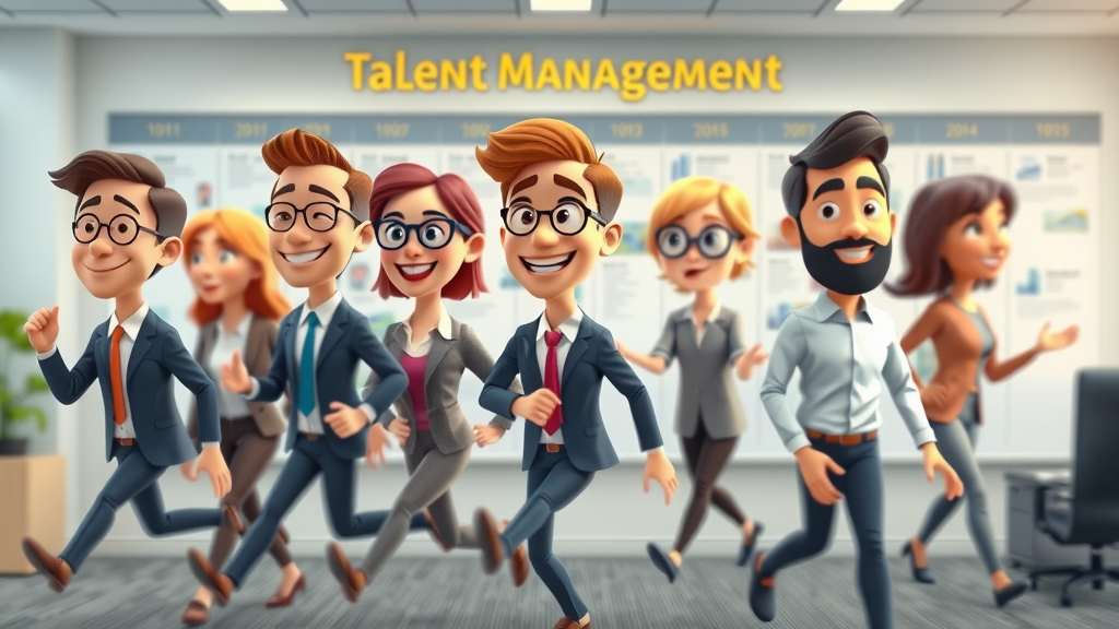 Pro illustration showing the talent management process stages along a career timeline in an office setting