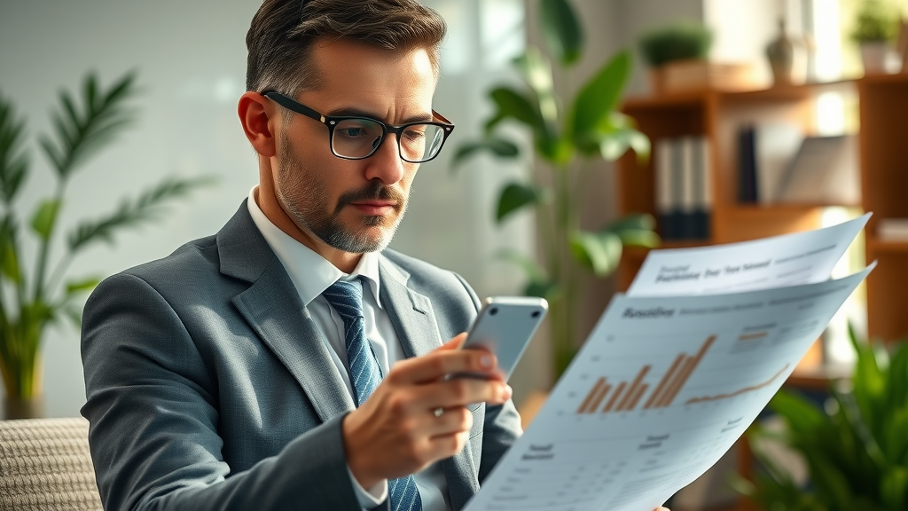 Focused HR professional analyzing employee performance charts in an executive office setting