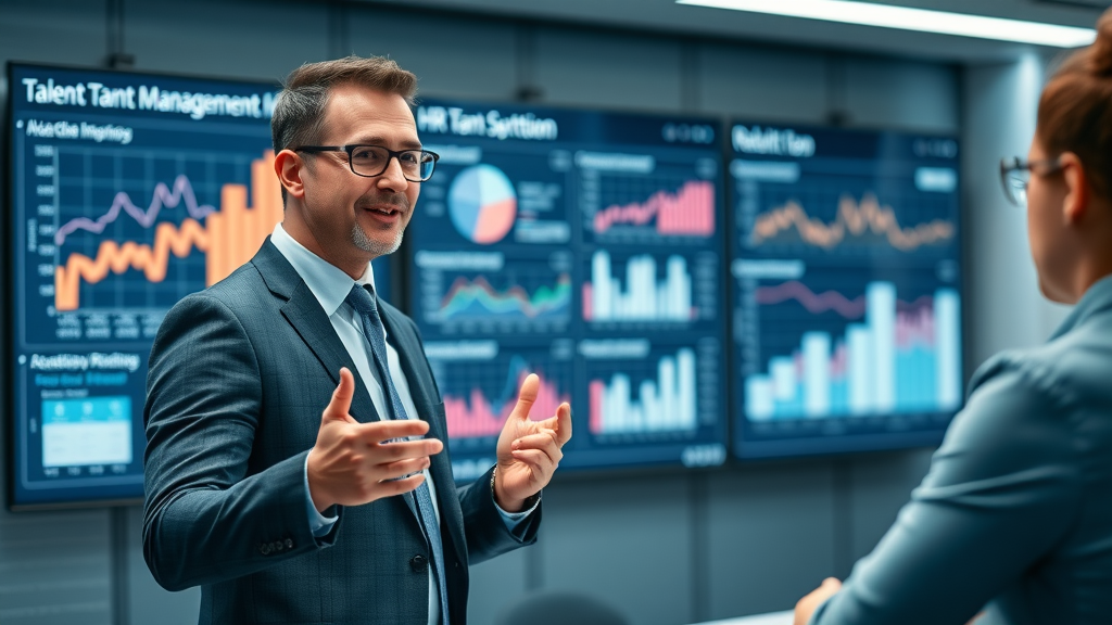 Digital dashboard with HR professionals reviewing key talent management metrics in a tech-enabled conference room