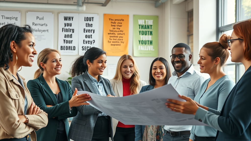 Inspiring nonprofit organizational leadership in a modern office with strategic planning, diverse professionals collaborating