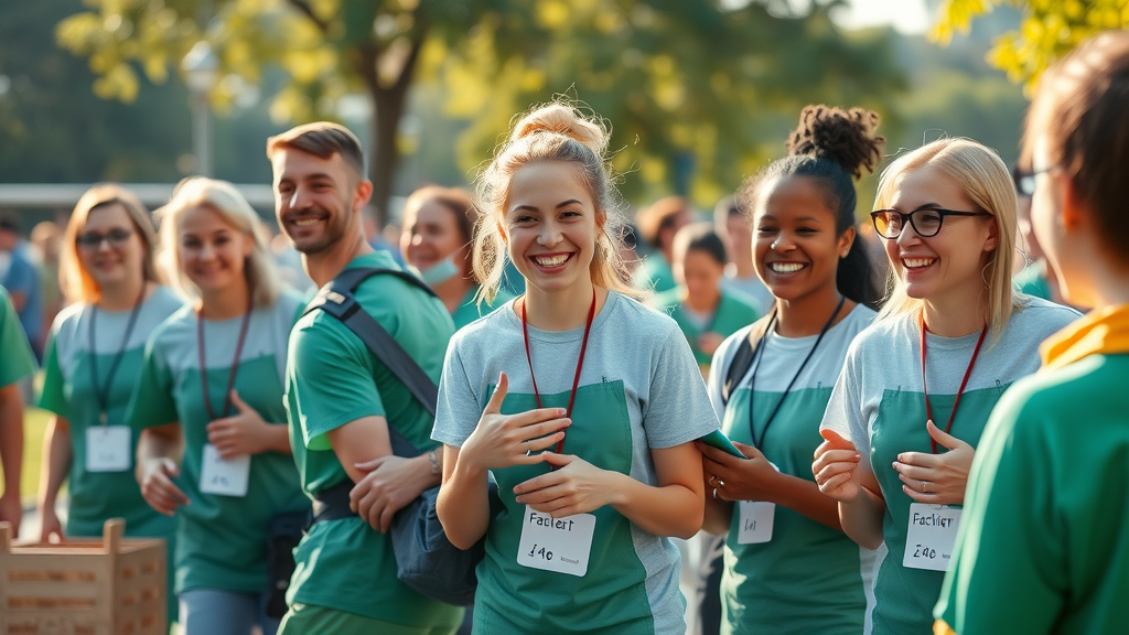 Nonprofit organizational leadership supported by volunteers in action, providing community support in a vibrant park event