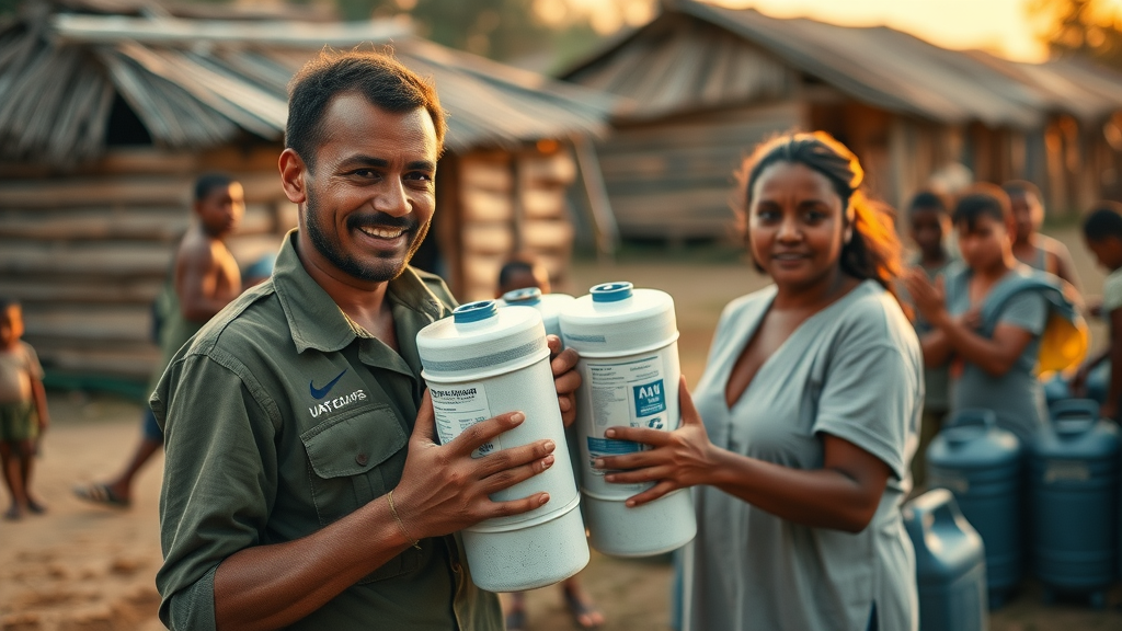 aid workers distributing clean water filters as part of social impact initiatives in a rural village