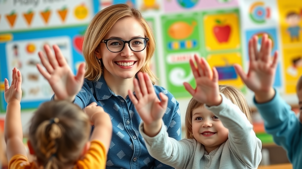teacher helping children learn in a colorful classroom as part of educational social impact initiatives