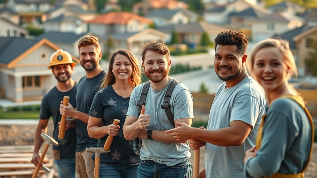 volunteers building homes for families as part of housing social impact initiatives in a suburban neighborhood