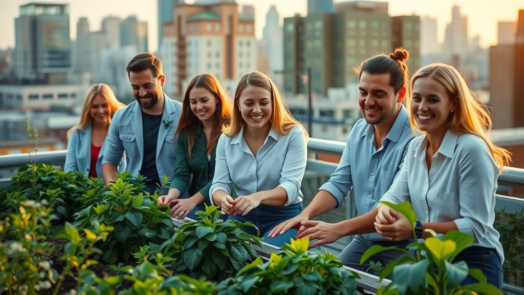 corporate employees volunteering in a community garden as a corporate social responsibility initiative