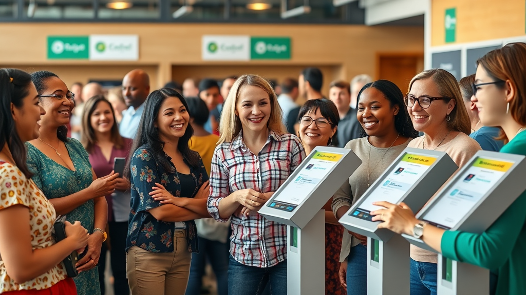 Vibrant nonprofit fundraising event with enthusiastic diverse donors and digital donation kiosks, nonprofit fundraising technology