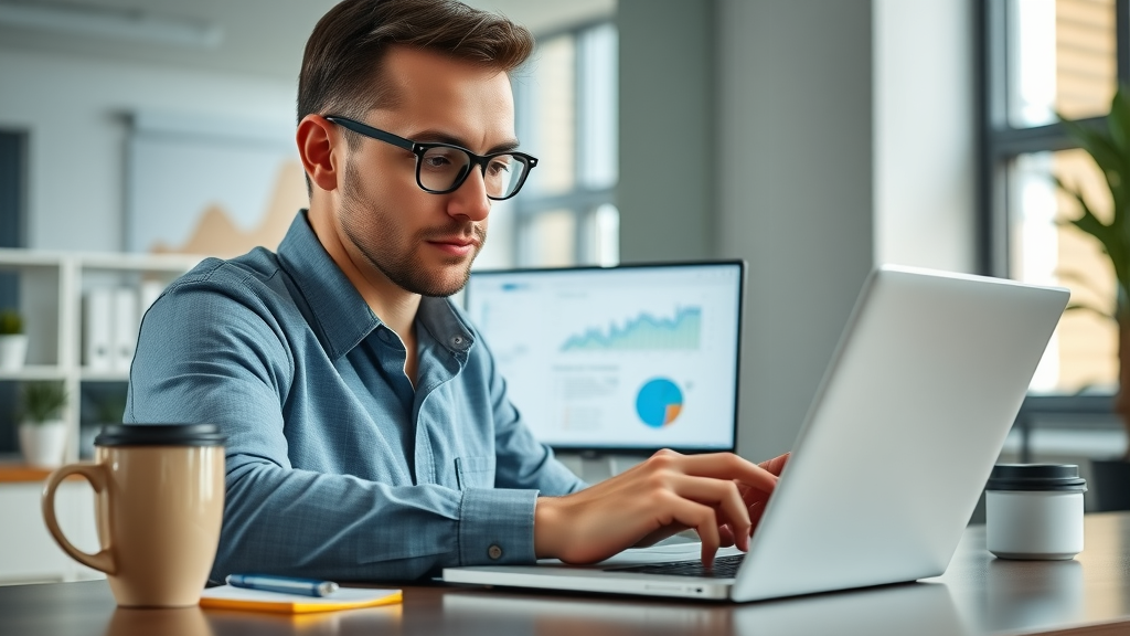 Sleek fundraising software dashboard, professional reviewing analytics, nonprofit fundraising technology