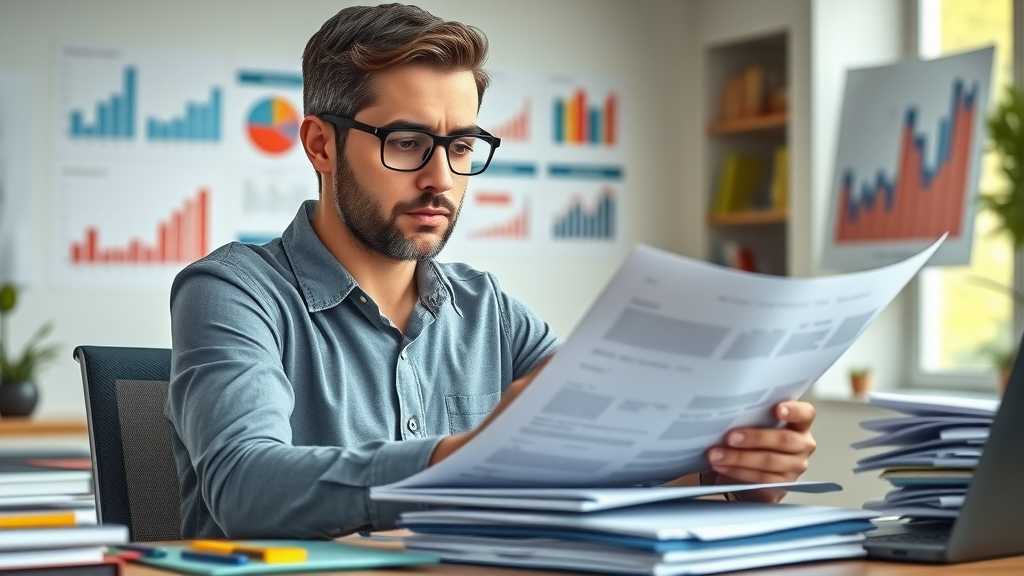 thoughtful nonprofit professional at a desk reviewing documents, grant management for nonprofits office environment, funding charts in background