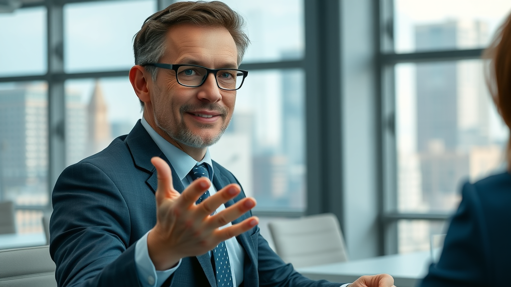 professional HR manager leading a boardroom meeting in a cityscape setting, illustrating human resource management