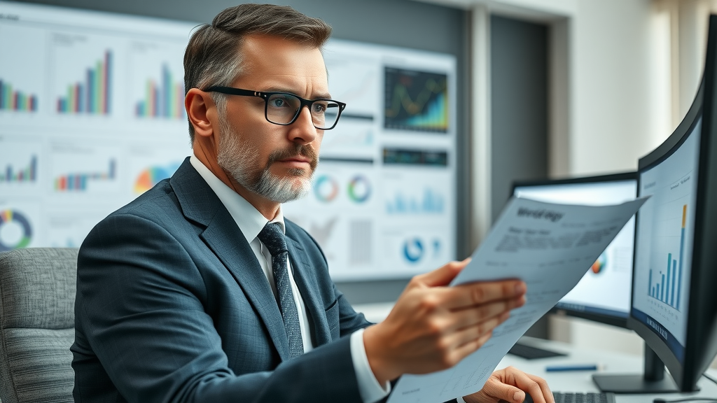 business leader analyzing strategic human resource management plans with digital tools in an executive office