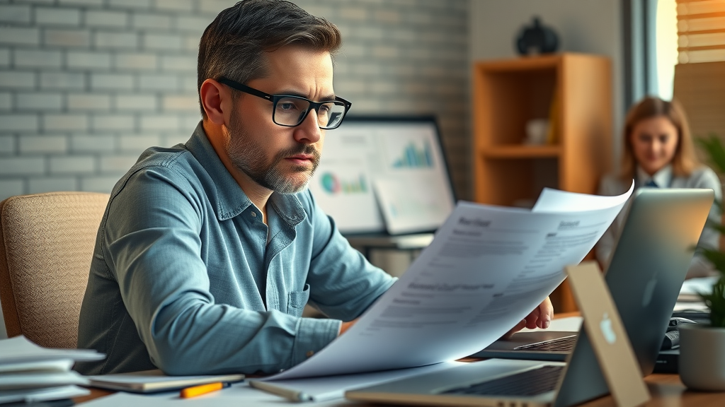 HR analyst reviewing job analysis reports and resumes at an organized desk