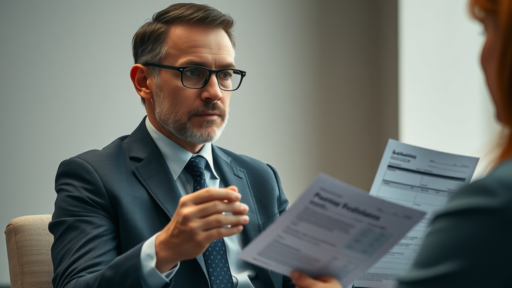 HR manager conducting a structured performance appraisal in a focused office setting