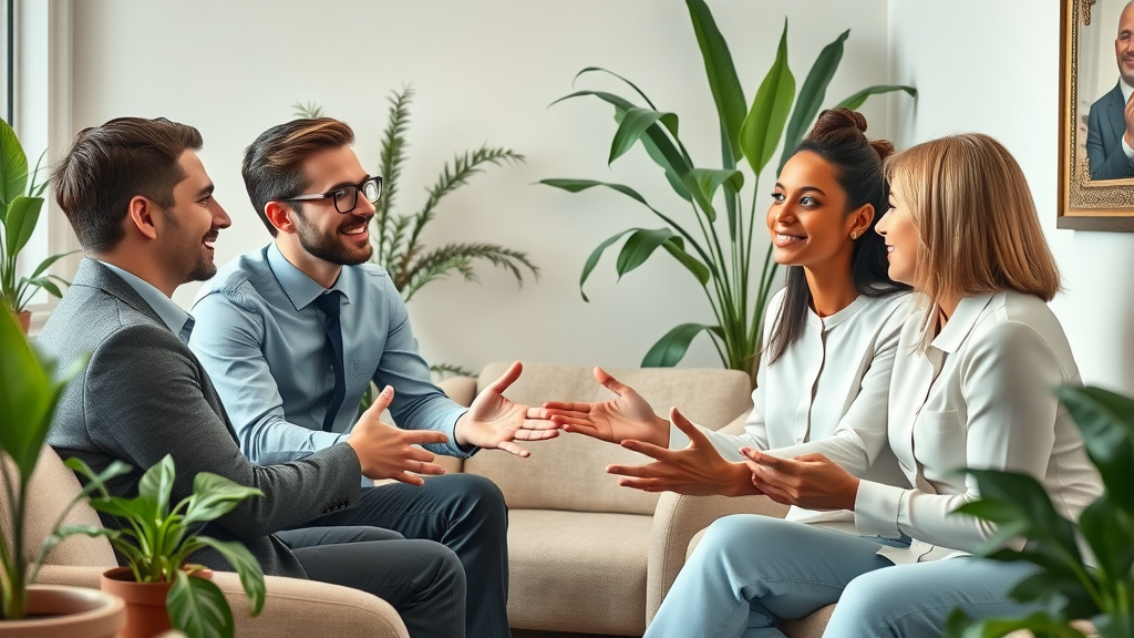 HR team mediating a staff discussion, supporting positive labor relations in a welcoming office environment