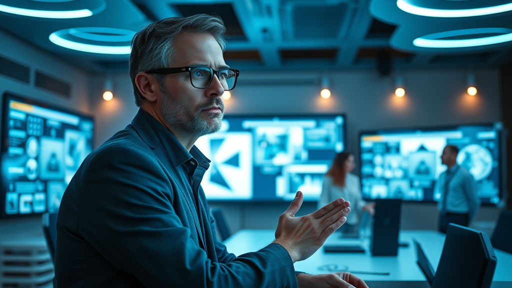 Visionary HR strategist planning innovative initiatives with digital tools in a modern conference room