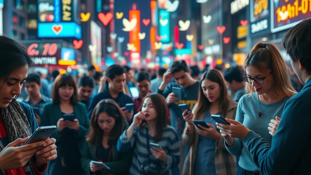Vibrant social media engagement metrics; interconnected social media icons, diverse users sharing content and engaging with platforms, emphasizing user engagement and media engagement.