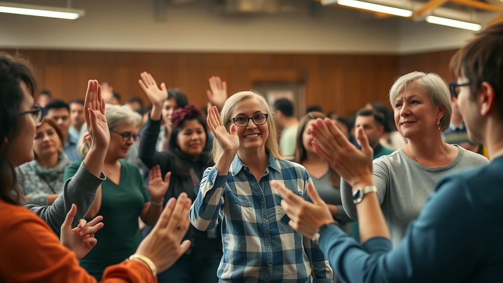 engaged volunteers and staff leading a community-based organization meeting, exchanging ideas in a lively community center