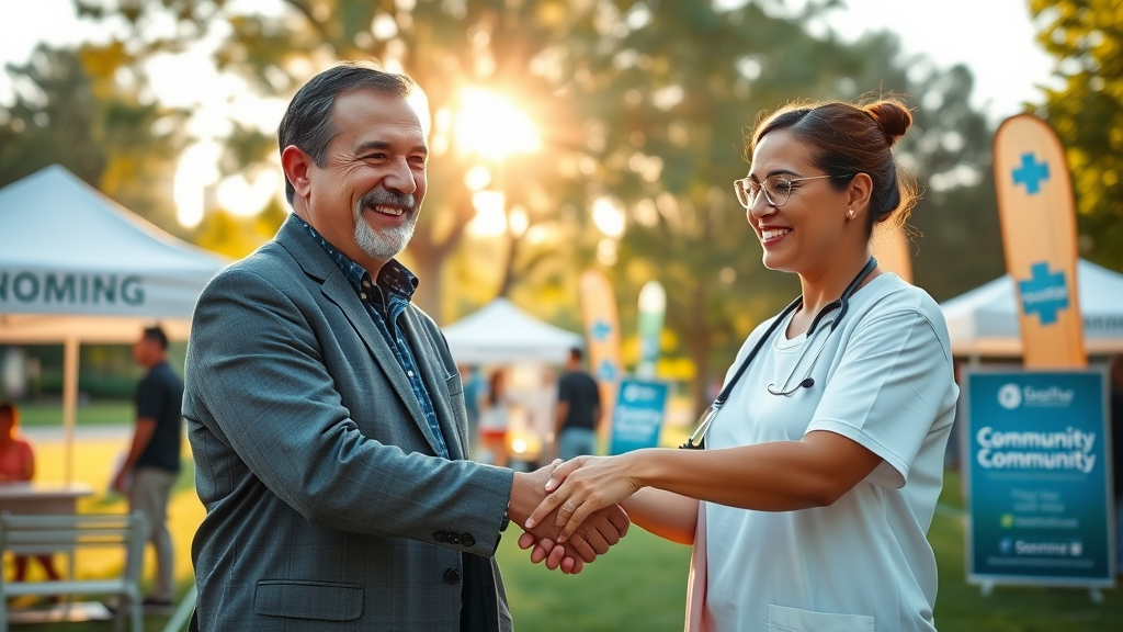 inspiring community partnership between a nonprofit leader and healthcare partner within a community-based organization, shaking hands in a park setting