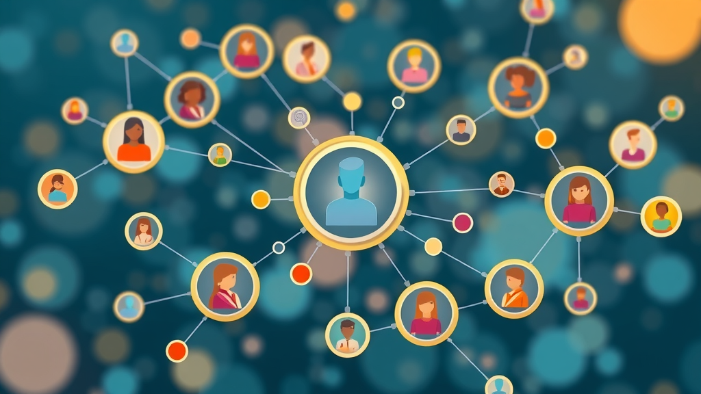 dynamic infographic of people and organizations in collaborative networks, colorful icons connecting nodes, concept illustration