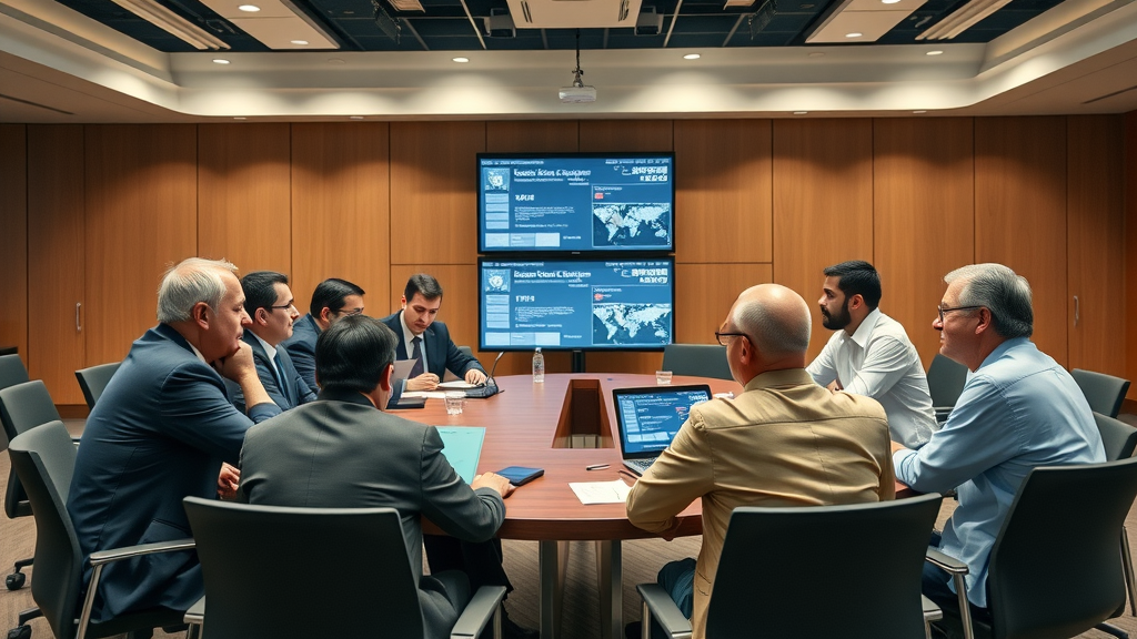 representatives from business, nonprofits, and government collaborating at round table, collaborative networks, modern conference center, digital data screens