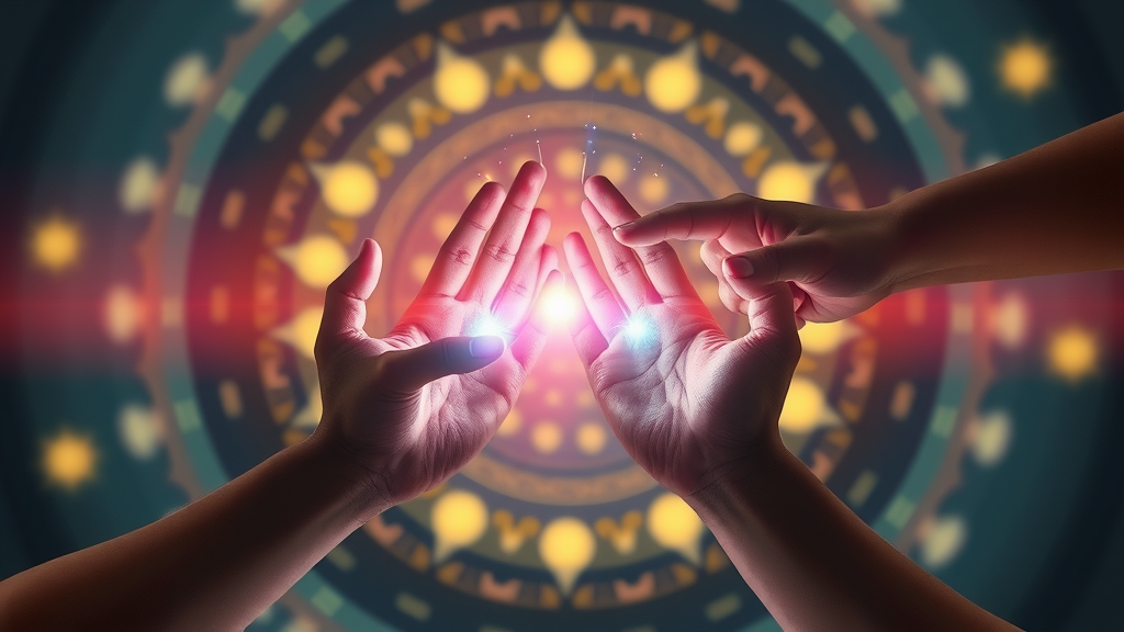 concept art: four interconnected hands holding digital light beams, principles of collaborative networks, glowing energy, harmonious teamwork