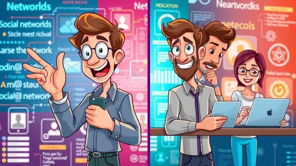 split-screen illustration: social networking digital connections vs collaborative networking team project work, collaborative networks comparison