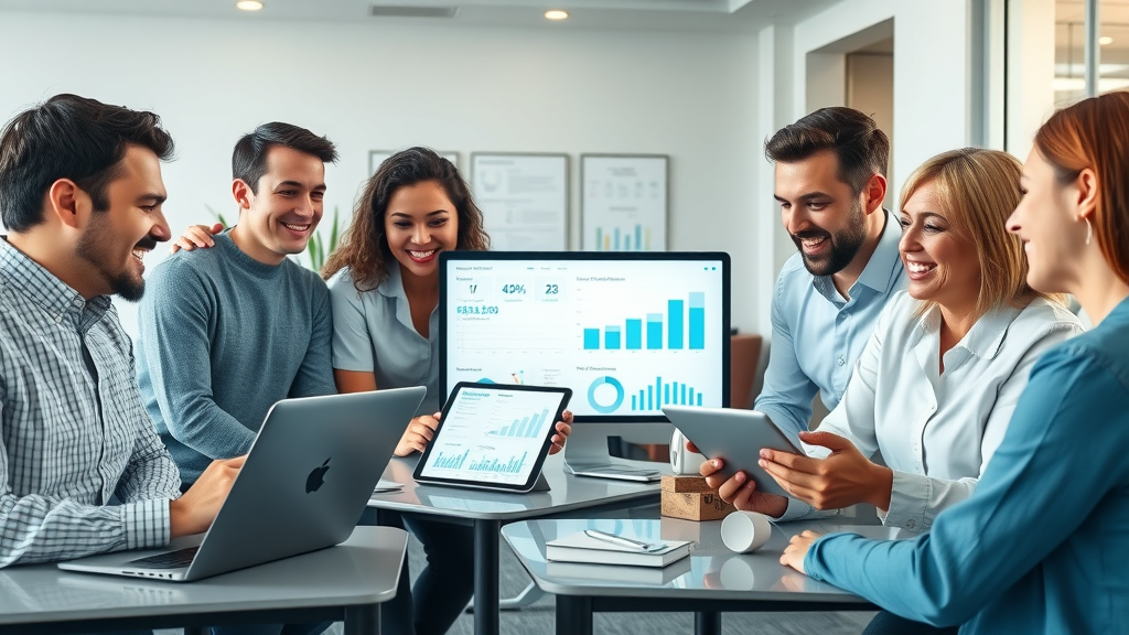 Nonprofit team using digital tools for nonprofit engagement, collaborating around laptops and tablets in a modern office, with branding and digital charts.