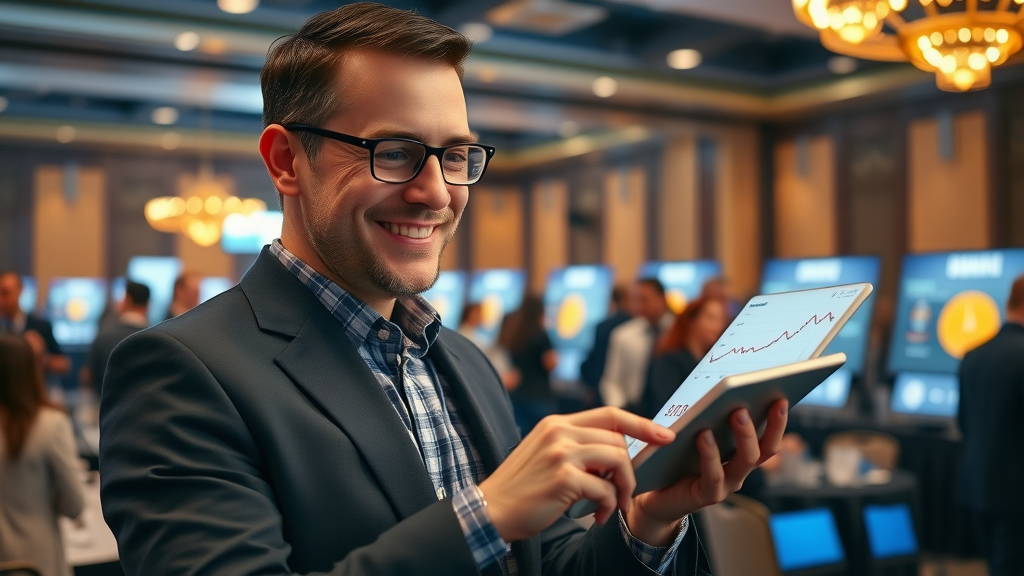 Fundraiser reviewing donation metrics on a tablet with matching gift software, surrounded by donors and digital giving stations, maximizing fundraising efforts.