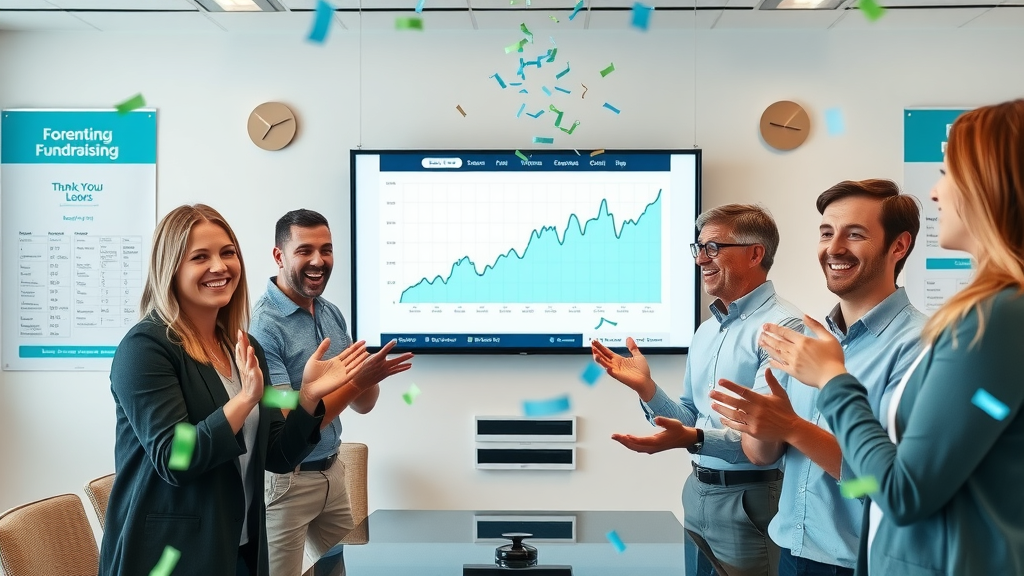 Cheerful nonprofit staff celebrating improved fundraising graphs, representing success of digital tools for nonprofit engagement.