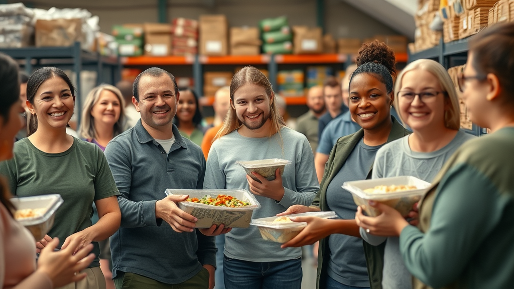 Enthusiastic volunteers measuring volunteer impact by distributing meals at a food bank