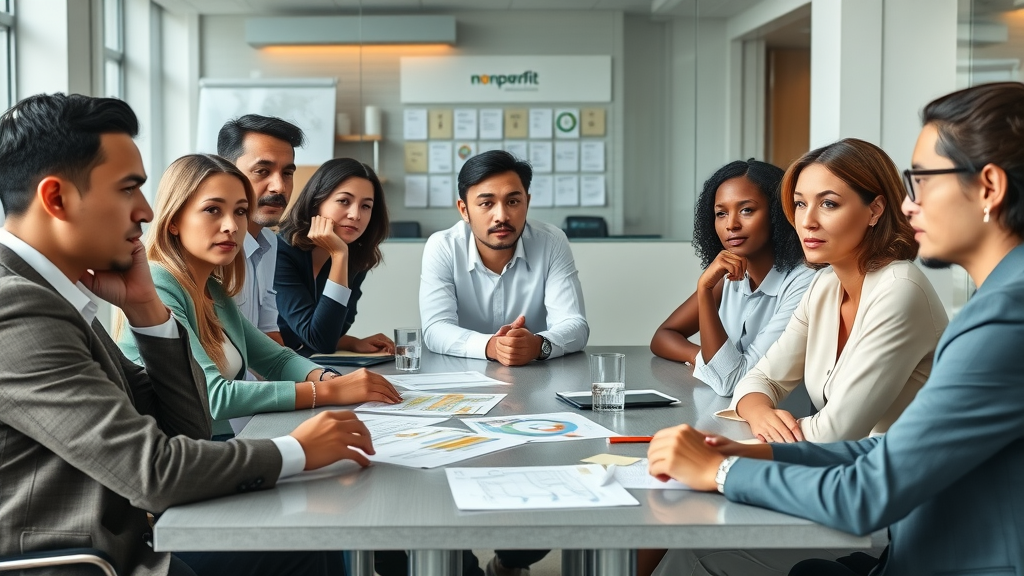 Thoughtful diverse group of nonprofit professionals discussing leadership challenges in nonprofits around a conference table, with professional nonprofit branding and brainstorming materials
