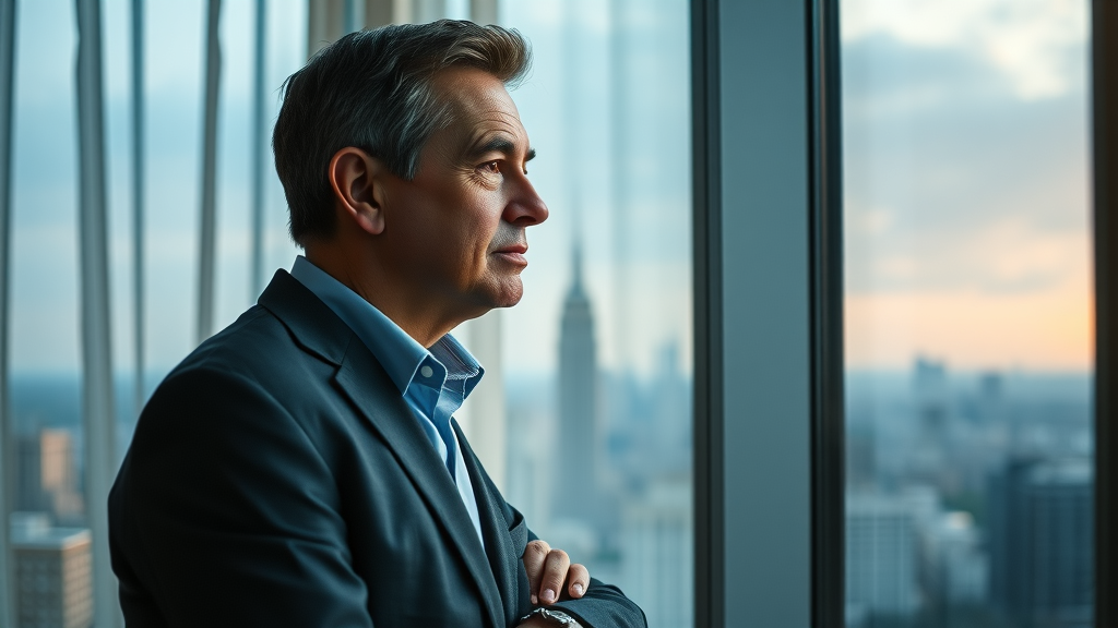 Reflective nonprofit leader contemplating leadership challenges, gazing out a window in a city office