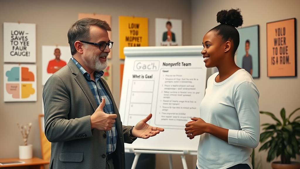Inspired nonprofit leader mentoring a young team member in a cozy room as part of leadership development within the nonprofit sector