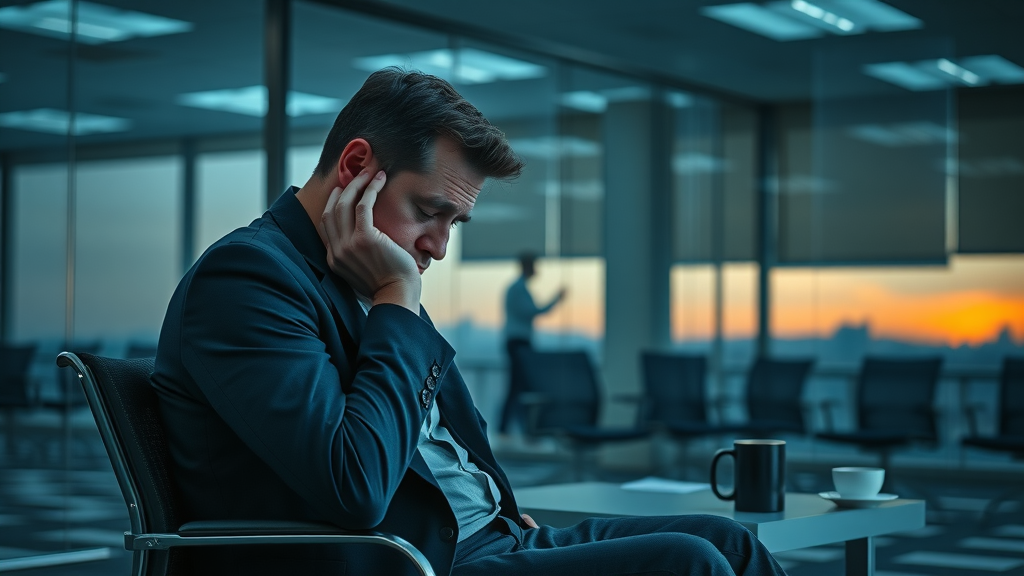 Exhausted nonprofit executive experiencing burnout, alone after hours in an empty conference room, representing burnout among nonprofit leaders