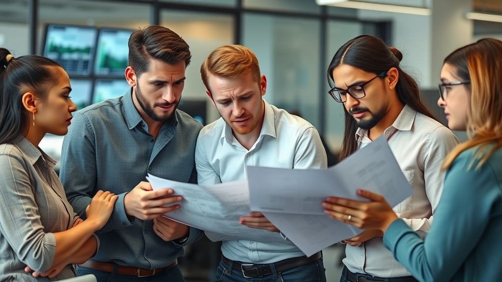Nonprofit cash flow management: Team reviews nonprofit financial documents together, worried expressions, detailed office background