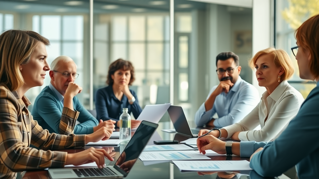 Nonprofit board strategizes growth and revenue streams for cash flow management, glass-walled conference room