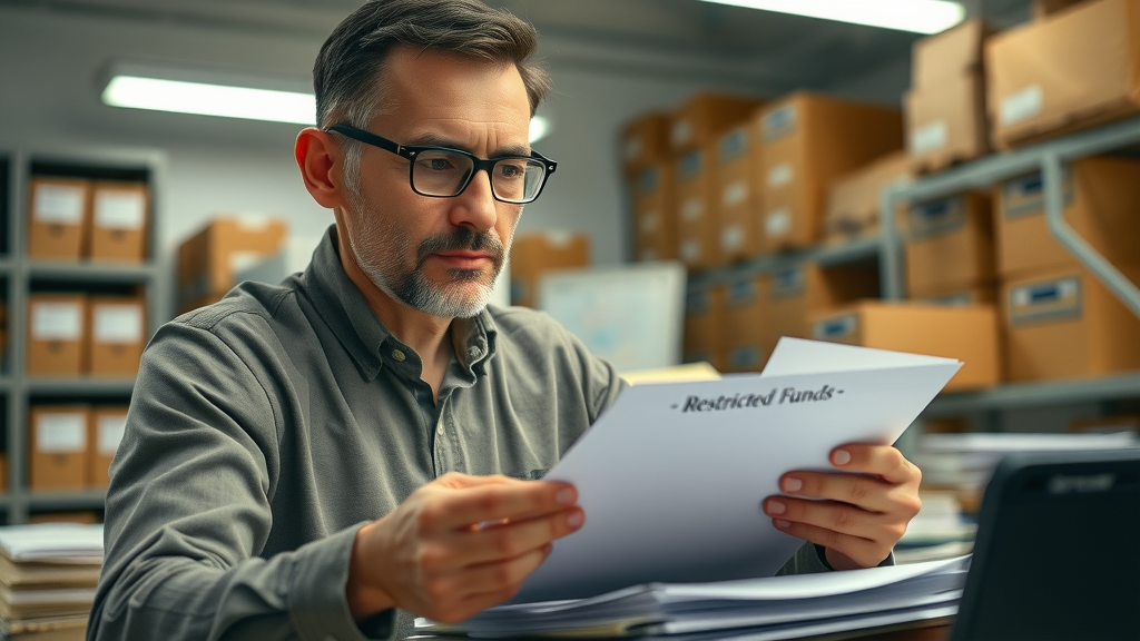 Nonprofit accountant organizing and managing restricted funds for nonprofit cash flow management in archive room