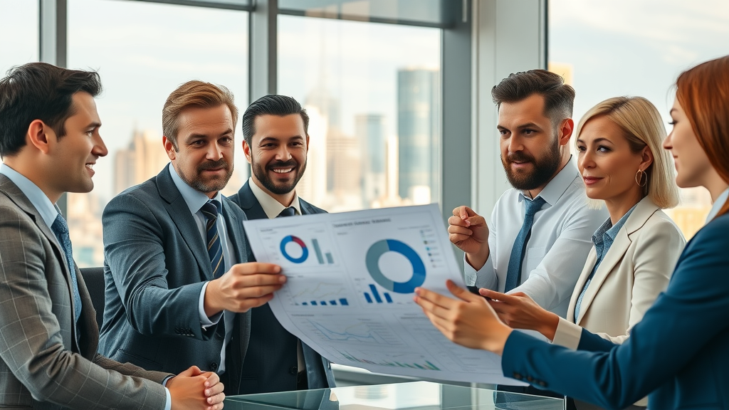 modern business team analyzing financial charts and graphs for long-term financial sustainability in a bright, contemporary office with city skyline background