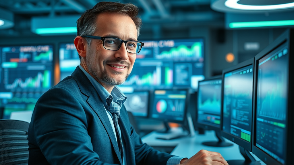 finance manager reviewing a steady cash flow and digital financial data for strong long-term financial sustainability
